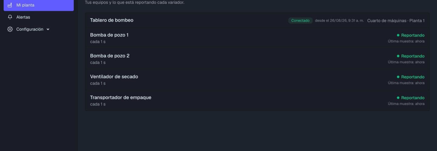 Panel de VFDCloud con el listado de la planta y el estado de cada variador